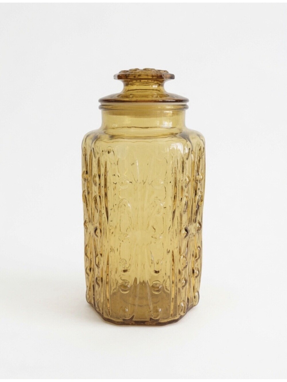 Vtg LE Smith Imperial Atterbury Scroll Honey Amber Glass Canister & Lid 12"